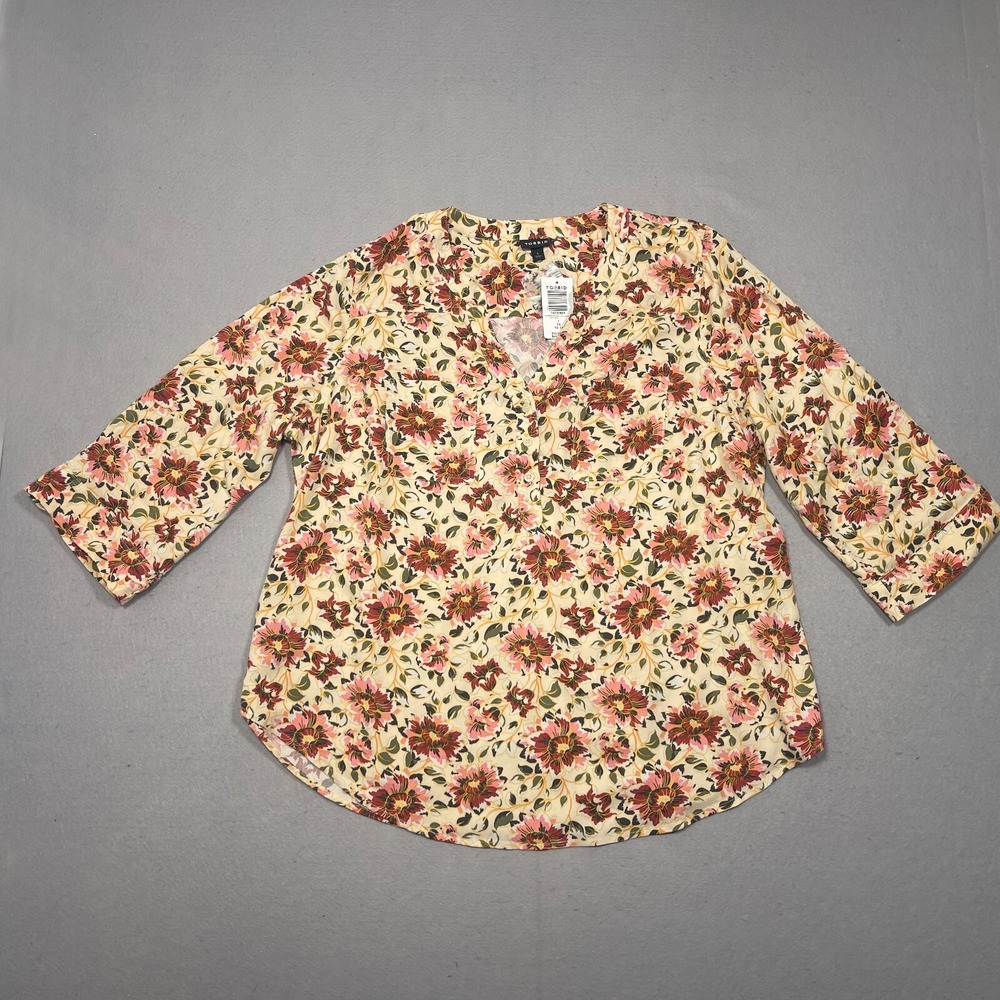 Torrid Harper Blouse Women 1X Relaxed Peach Floral Multi 3/4 Sleeve Boho‎ Core